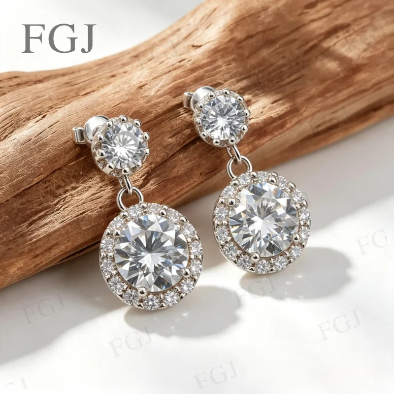 925 Sterling Silber Funkelnde Silber Halo Tropfen-Ohrringe Moissanit Runder Stein Hängeohrringe für Frauen Elegantes Brautgeschenk – Detail 14