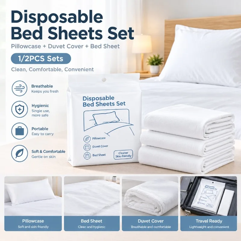 1/2PCS Portable Disposable Bedding Set with Bed Sheet Pillowcase Duvet Cover for Hotel Travel Camping Home Guest Room Supplies
