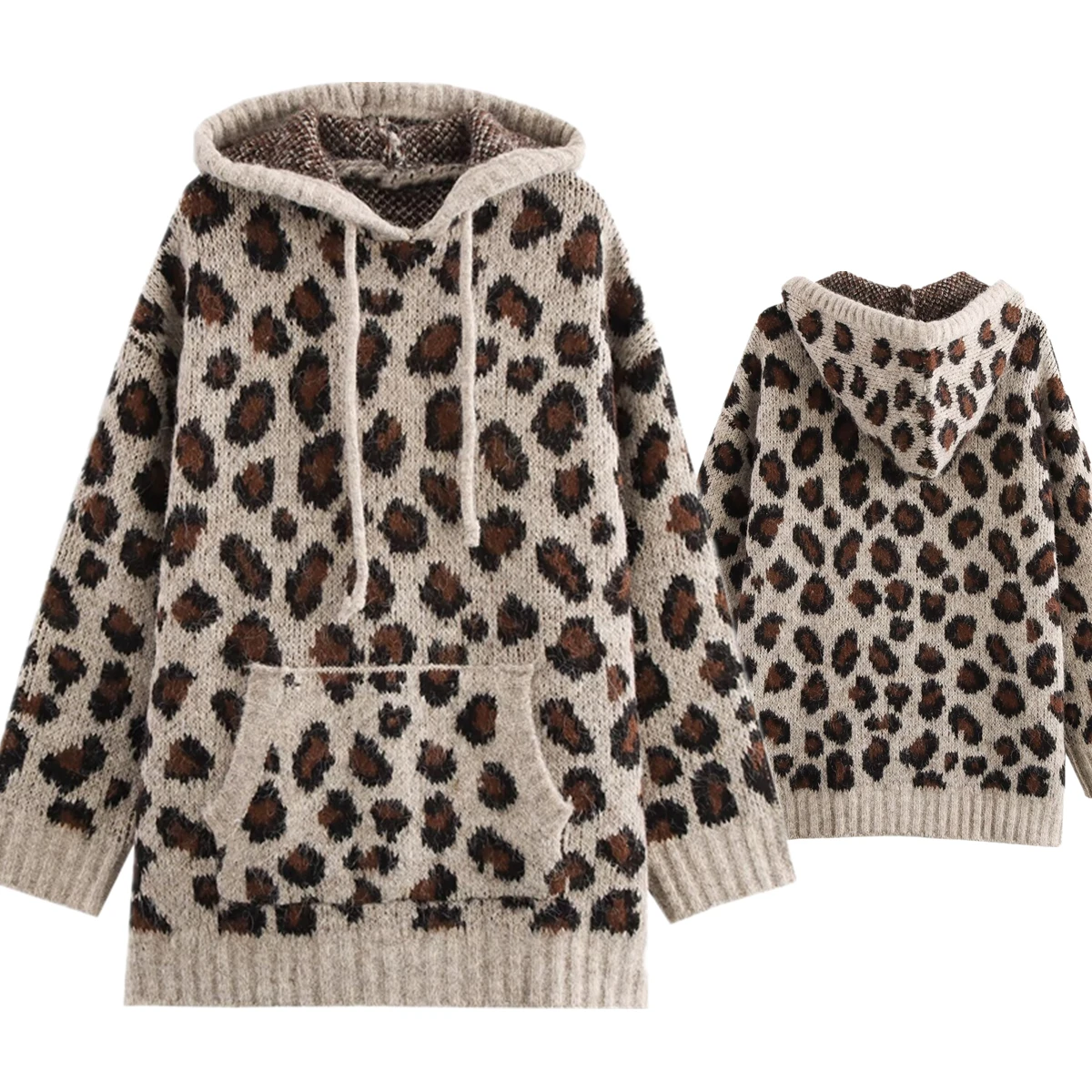 

Jenny&Dave Nordic Minimalist Leopard Print Jacquard Pullover Tops Winter Sweater Hooded Knit Sweater Sweatshirt Women