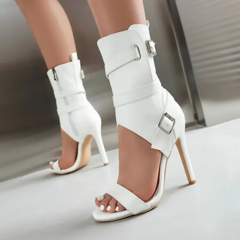 Sexy Open Toe Summer Ankle Boots For Women Fashion Buckle High Heels Sandals Red White Yellow Dance Party Wedding Shoes Lady