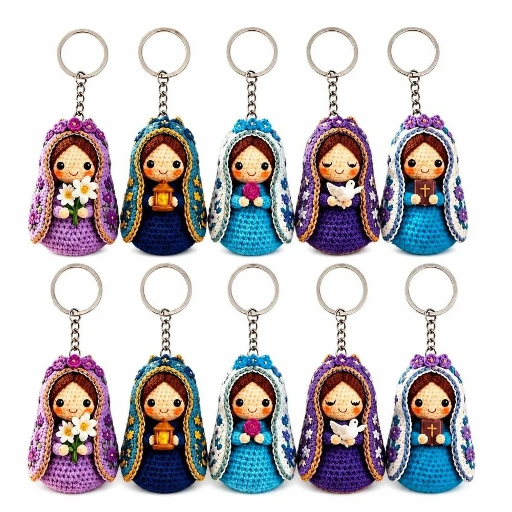 10pcs/set Crochet Style Virgin Mary Keychain Set Knitted Doll Figurine Pendant 2D Flat Acrylic Keychains Religious Kids Gift