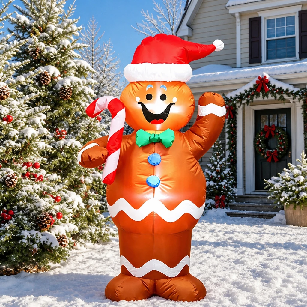 4.92FT Christmas Inflatable Gingerbread Man Wearing Santa Hat Holding Candy Cane,for Indoor Outdoor Christmas Holiday LawnGarden