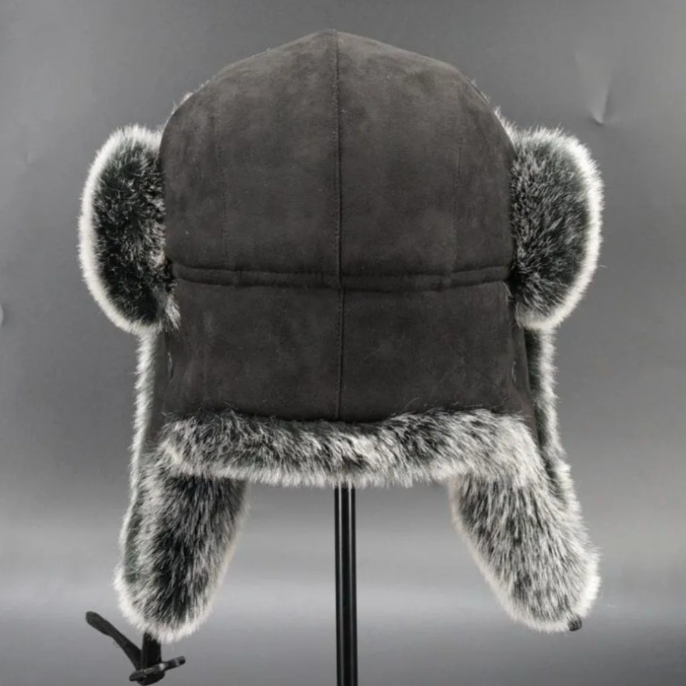 Suede Fabric Men Lei Feng Hat Imitation Fur Thick Ear Protection Hat with Ear Flaps Fleece-Lined Windproof Ski Hat Cycling
