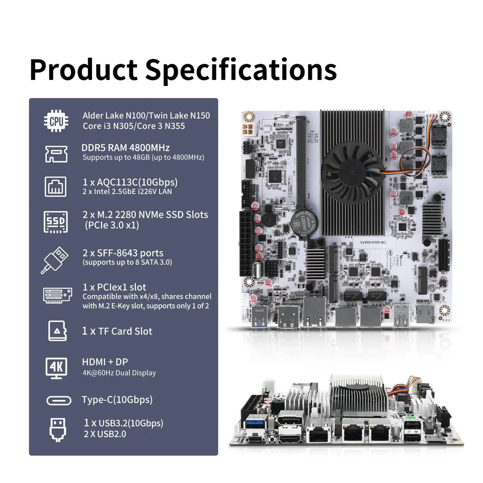 CWWK NAS Motherboard 8 Bay with 10GbE RJ45, N150 CPU Mini ITX PC
