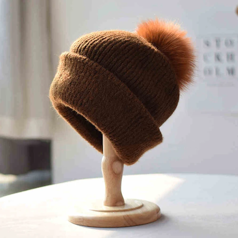 

Hat Wool Women Winter Knit Beanie Pompom Of Real Fur Autumn Warm Ski Accessory For Cold Weather Sport Outdoor Holiday Luxury