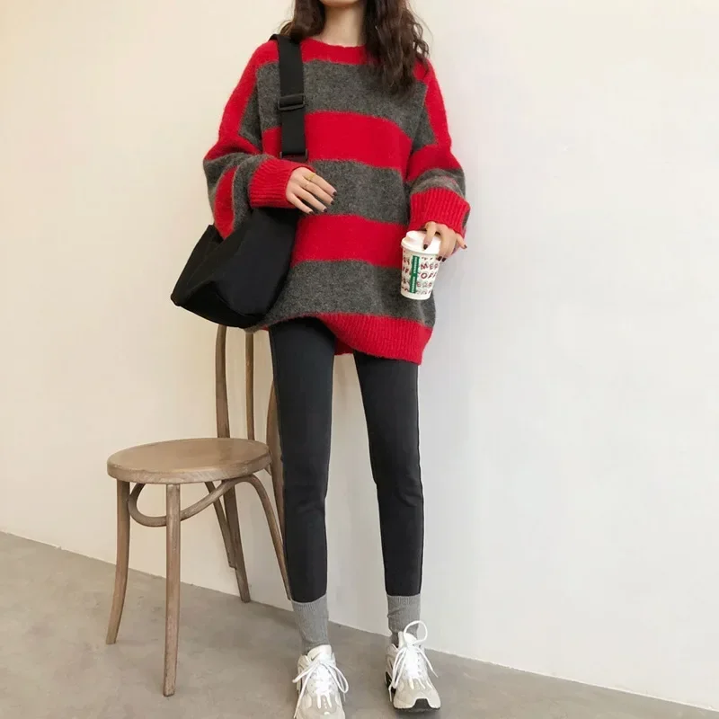 Autumn Women Striped Sweater O Neck Oversized Knitted Sweater Pullovers Jumper 2024 Autumn Winter Casual Loose Pullovers