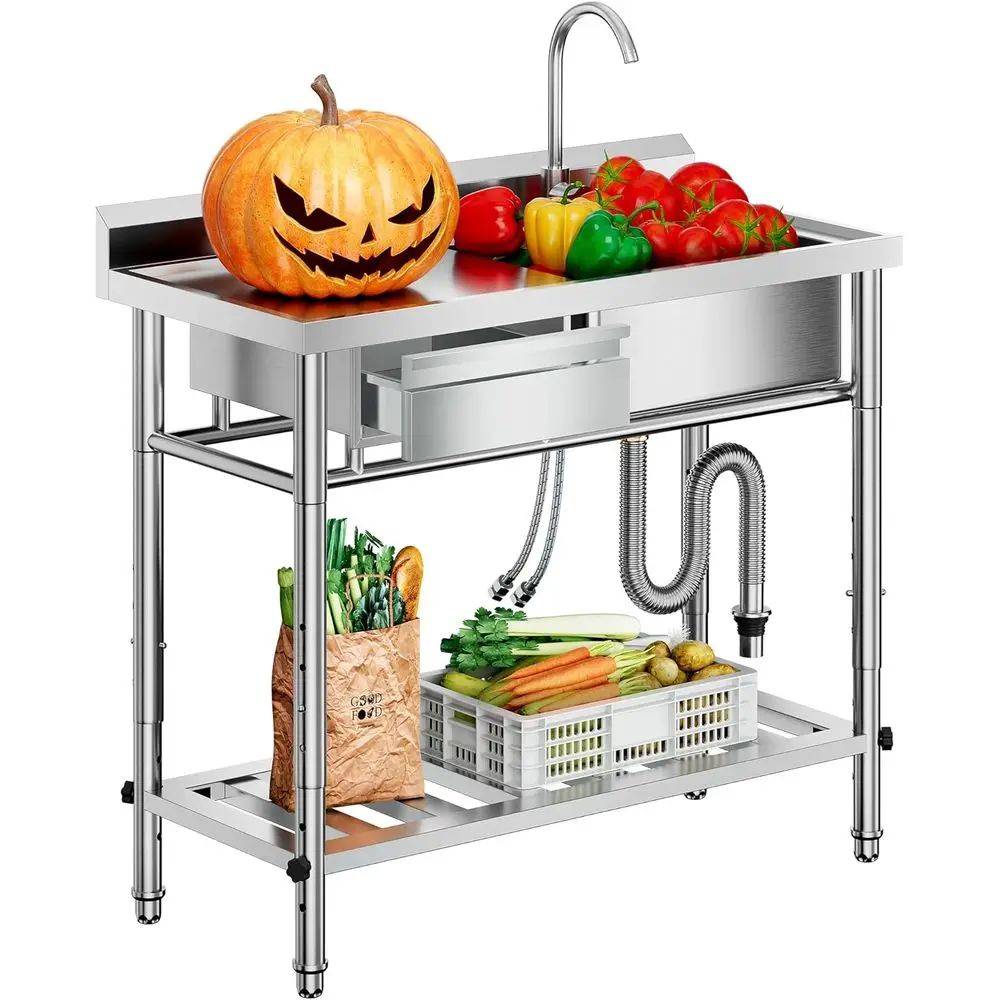 

4-Height Adjustable 39" Utility Sink 18/8 Stainless Steel, 400lb Capacity & Storage Drawer, Freestanding Laundry Sink Workstatio