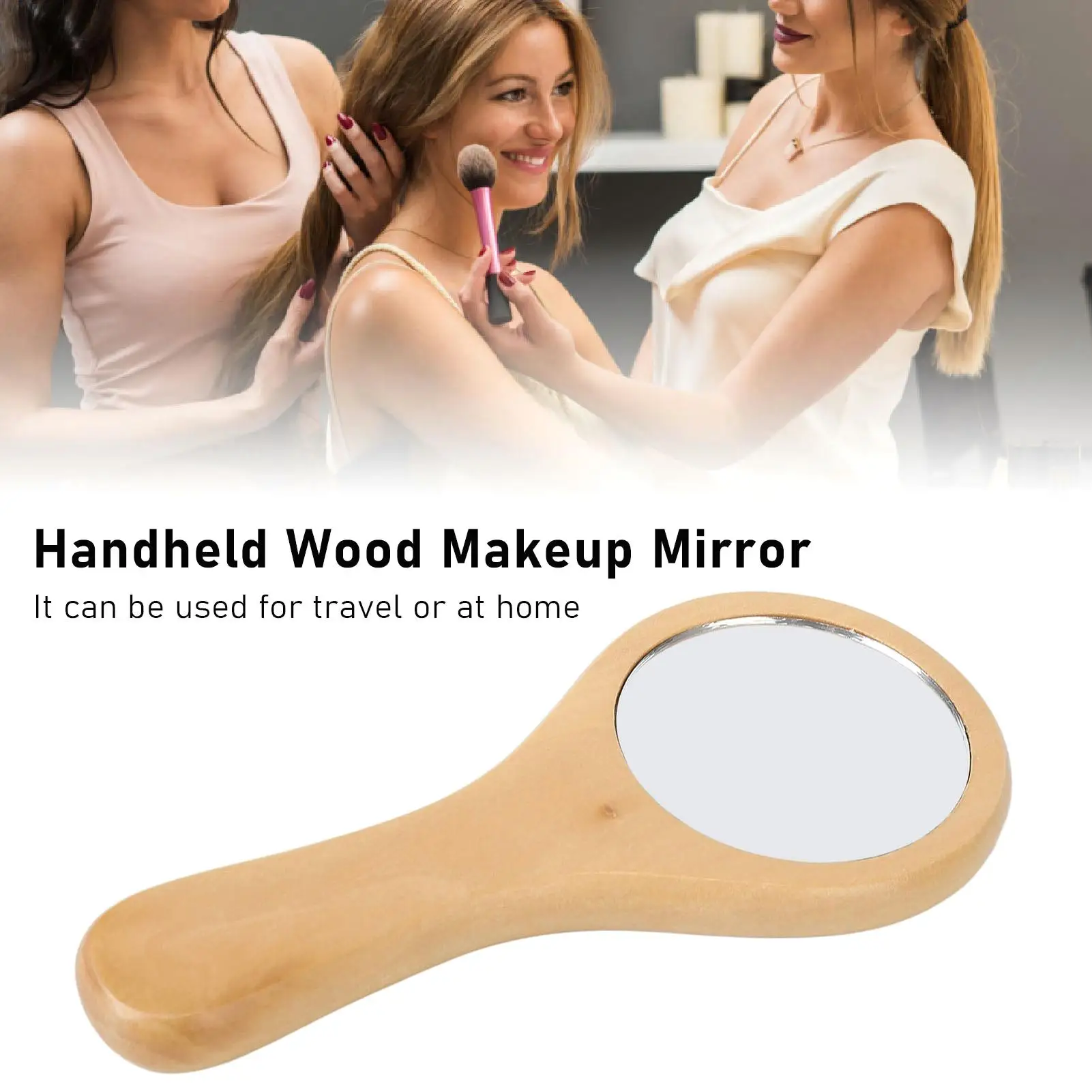 Miroir de maquillage portable avec poignée en bois, miroir cosmétique, réflexion claire, prise en main confortable, voyage