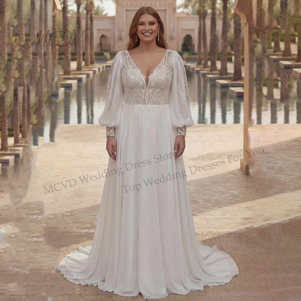 

Plus Size Beach Wedding Dresses V-Neck Puff Sleeve Chiffon Bride Gowns Applique Backless vestidos de novia boda Customized
