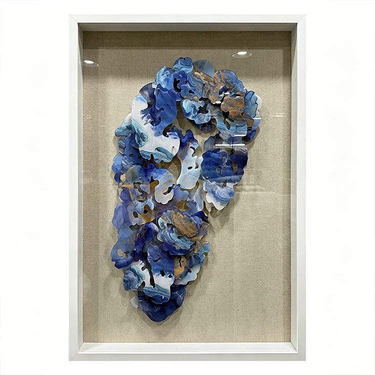 %S_ Handmade 3D Acrylic Wall Art Abstract Blue Gold Framed Wall Hanging Painting for Living Room Home Wall Decor
