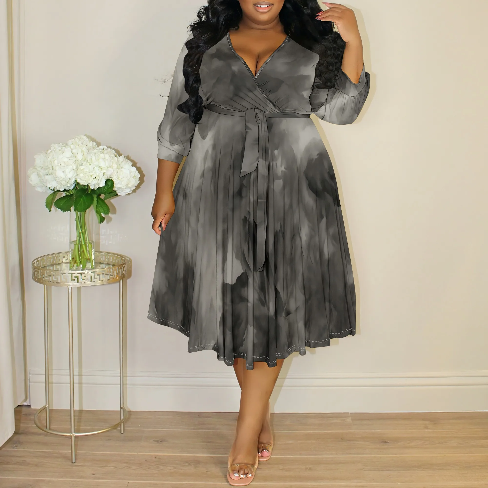

Plus Size Women's Wrap Dress, Gray Tie Dye V-Neck 3/4 Sleeve Pleated Midi Dress for Party & Office Wear XL-6XL