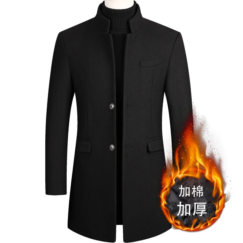 Autumn and Winter Men Woolen Coat Medium and Long Trench Coat Cotton Thickened Mens Woolen Trench Coat