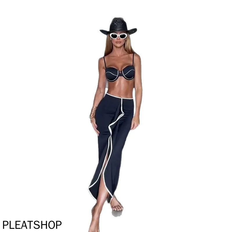 2025 Nuevo conjunto de bikini de 3 piezas Traje de baño triangular sexy con correas entrecruzadas y vestido de playa Traje de baño elegante para mujer