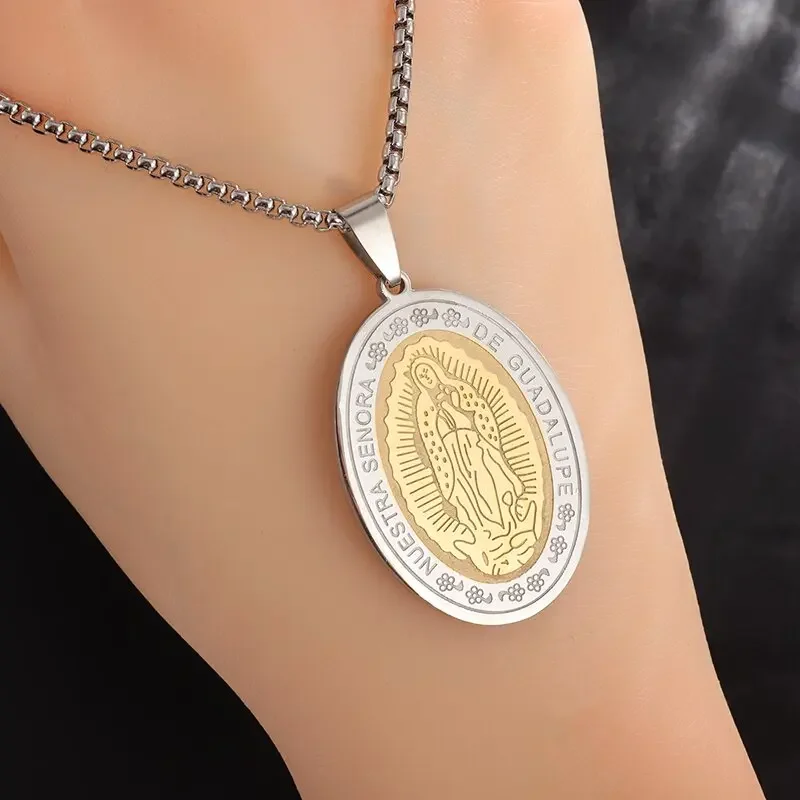 Cudowny medal Dziewicy Maryi Latin Prayer Charm Wisiorek Naszyjnik ze stali nierdzewnej Religijna Madonna Biżuteria chrześcijańska