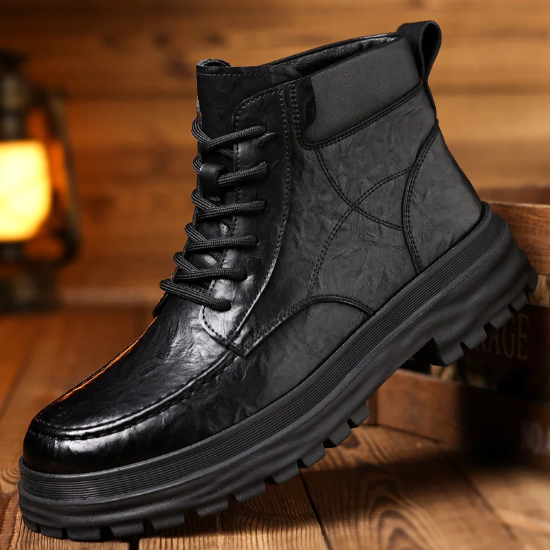 

2025 Warm Men Outdoor Casual Boots Men's Autumn And Winter Mid-top Men's Velvet Thick Sole Increased Anti-slip Boots Size 38-44