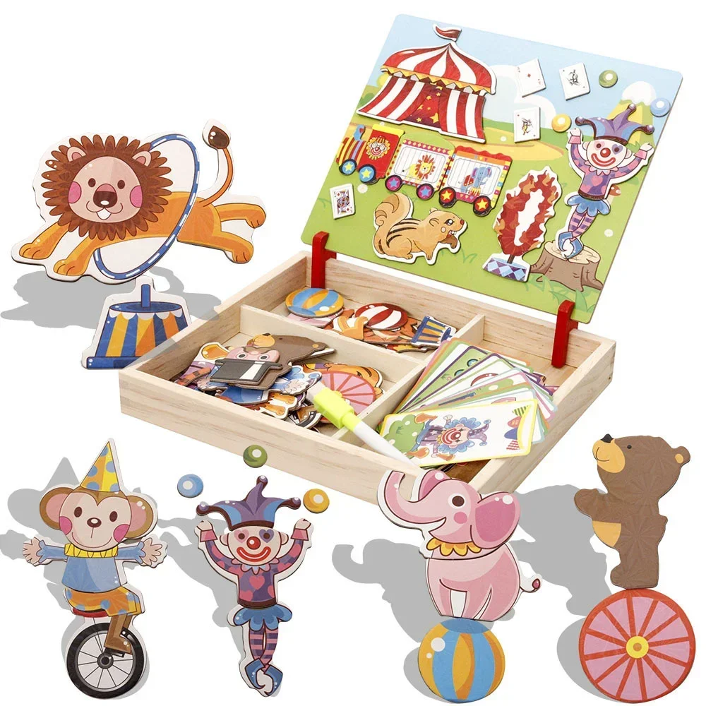 [Funny] DIY 3D Magnetic Puzzle and Drawing Toy wooden circus Magician, clown, lion, monkey. Bear Puzzle model set kids baby gift