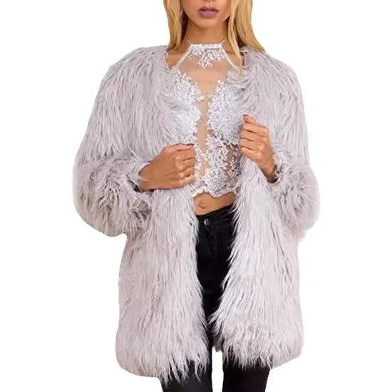 Abrigo de piel Artificial con flecos para mujer, abrigo de piel de visón de longitud media de felpa con cuello en V para mujer, chaqueta de piel ecológica de pelo largo detallado para mujer