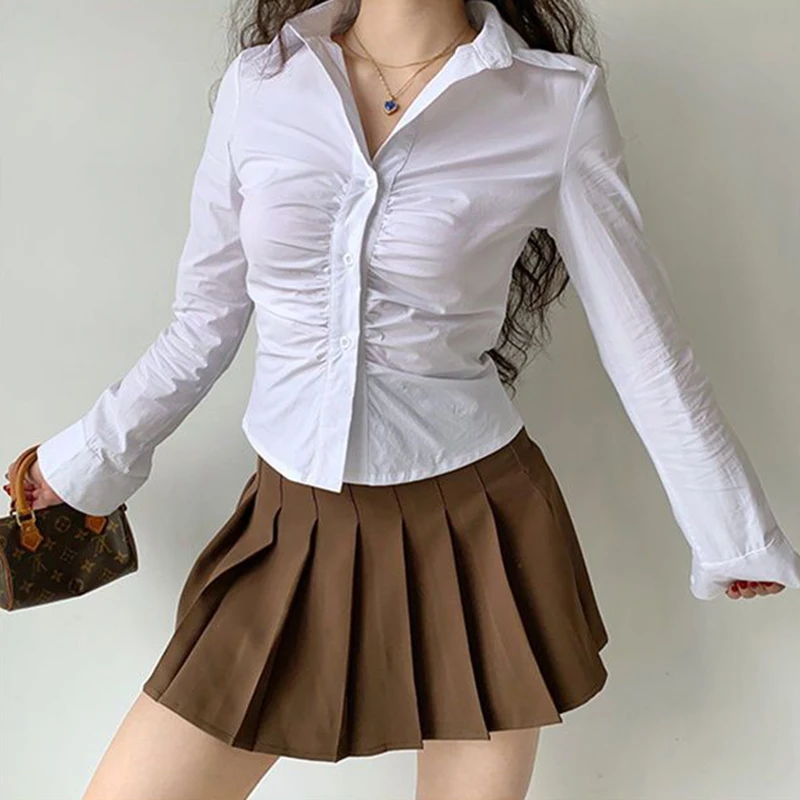 Vintage Pleated Women White Shirt American Long Sleeve Slim Blouse Fall Casual Single Breasted Female Streetwear Retro Tops