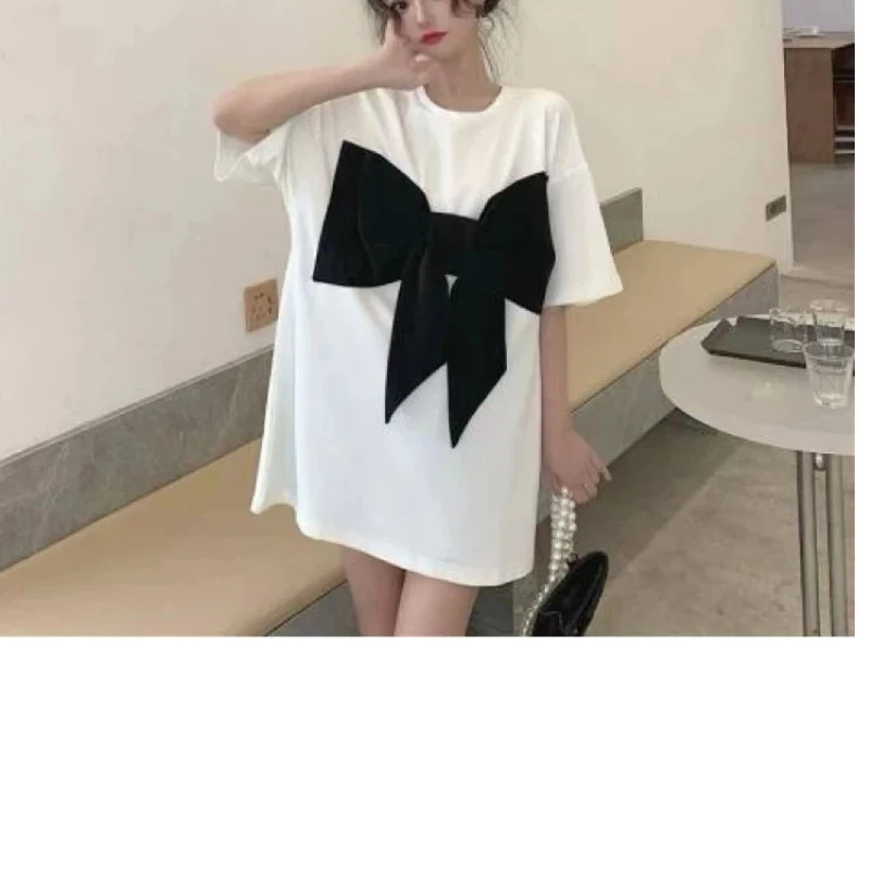 Short Sleeve T Shirts Summer New Bow Patchwork Loose Solid All-match Youth Street Casual Tops Fashion Korean Women Clothing