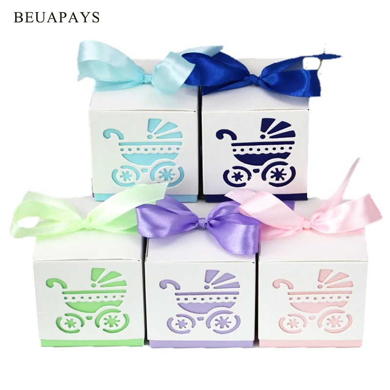 

BB Car Baby Shower Candy Box It's A Boy Girl Hollowed Out Stroller Happy Birthday Full Moon Gift Packaging Carton Party Favors