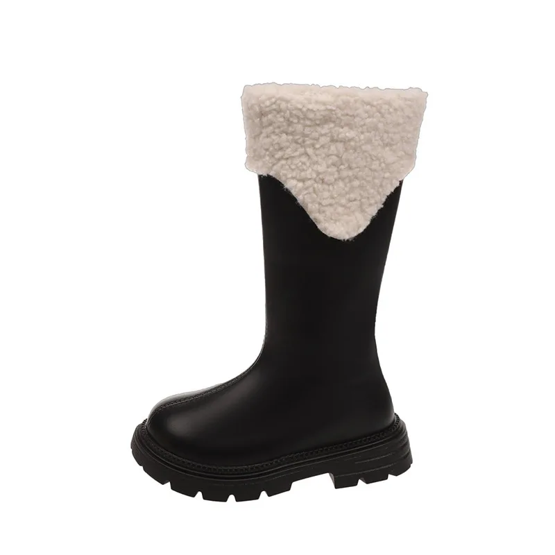 

Новинка 2023 года, осенне-зимние кожаные сапоги до колена для девочек, черные детские шерстяные плюшевые высокие сапоги на флисовой подкладке