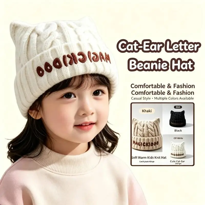Toddler Kids Fuzzy Cat Ear Knitted Beanie Hat Windproof Warm Winter Hat for Toddlers Outdoor Skiing
