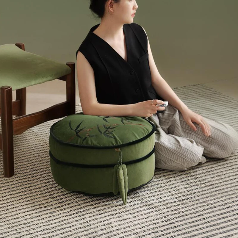 

Chinese Style Cushion Cover Room Living Room Decor Round Tatami Footrest Slipcovers Green Bamboo Printed Stool Cover No Filling