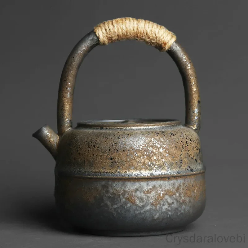 460ml Japanese-style Kiln Changed Retro Stoneware Large-sized Handle Teapot Handmade Pottery Kung Fu Wide-mouth Warm Tea Kettle