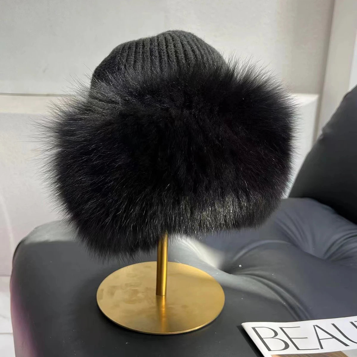 Winter Hats Women Natural Fox Fur Fuffy Warm Fashion Stylish Fedoras Knitted fur hat