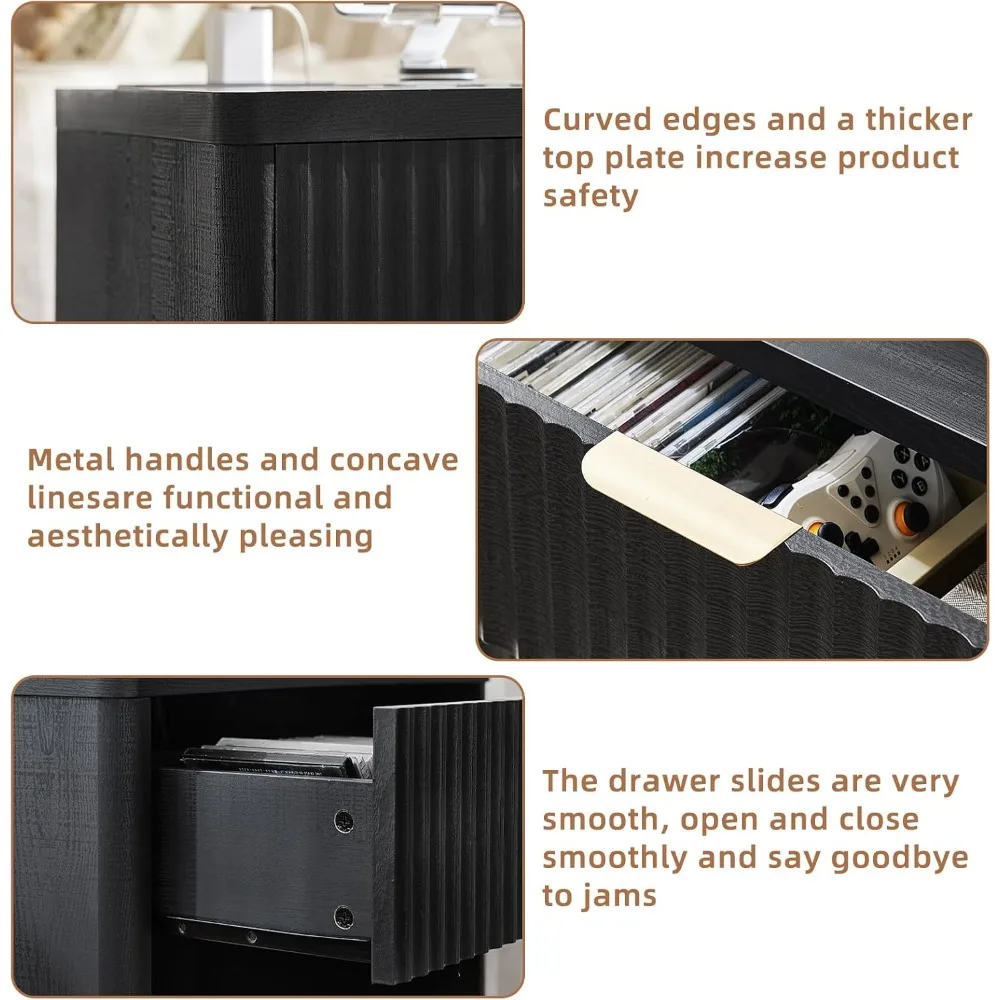 منضدة مزرعة مزدوجة مخددة مع محطة شحن، وطاولات نهاية ذات درج عريض 23 بوصة، وخزانة غرفة نوم سوداء ومجموعة سرير