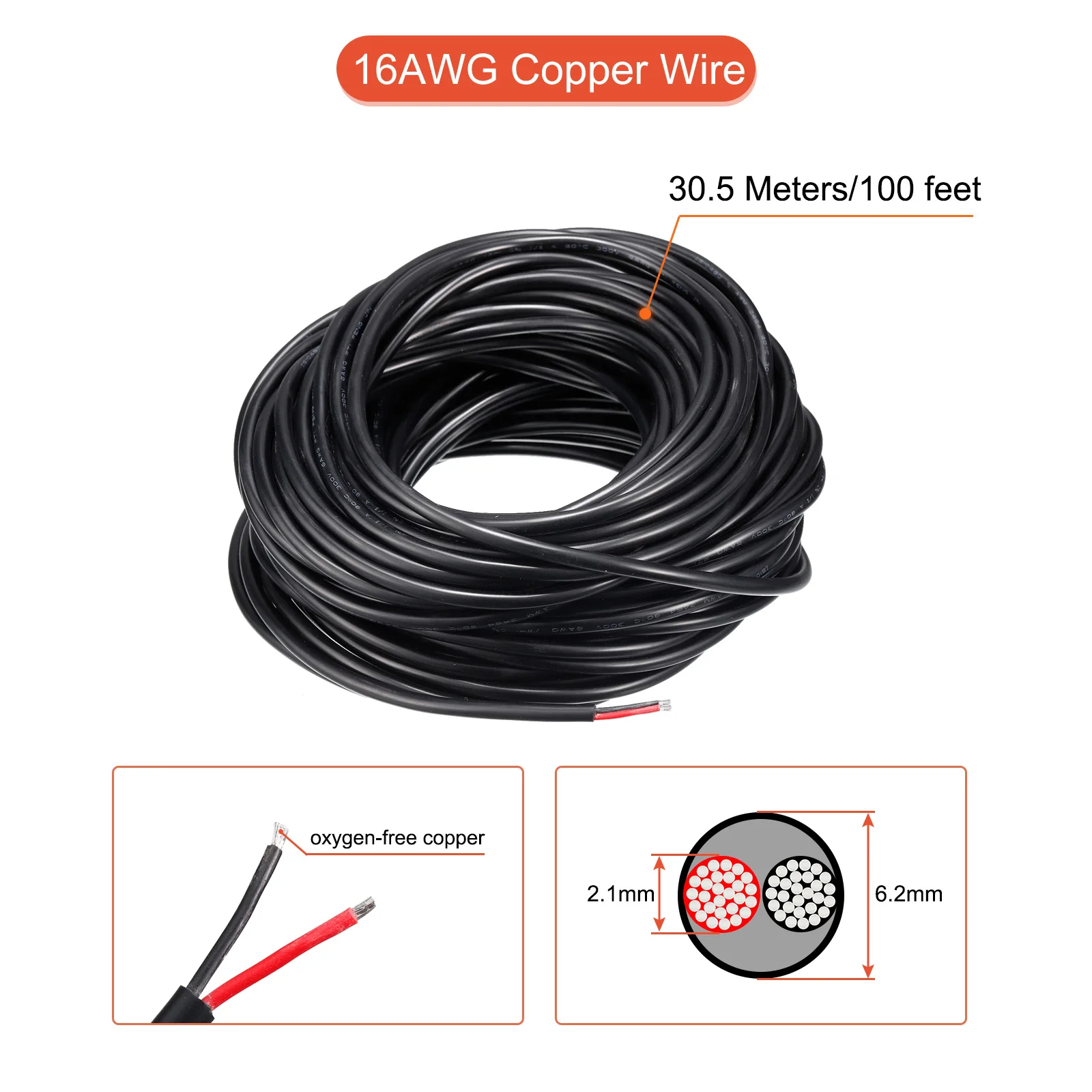 

30.5m Power Cable 2 Conductor Electrical Wire 16AWG UL2464 Electrical Wire PVC Cord Copper Cable for LED Strips Lamps Lighting