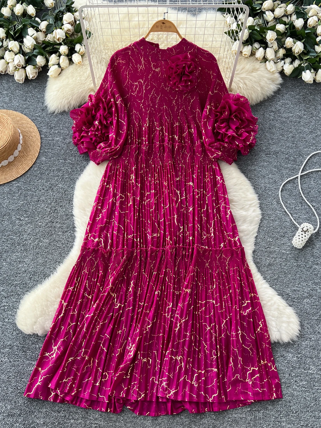 Rétro plissé Dr femmes automne Faion taille haute lanterne Sve jupe longue t-shirt fleur dimensionnelle embelli coupe ample