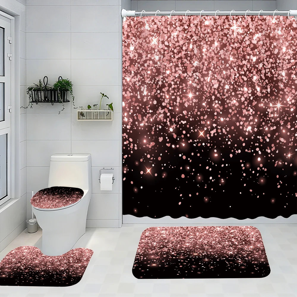 

4pc black and pink shower curtain, 2D Flat Printing. Bathroom partition curtain, home decoration, modern home window