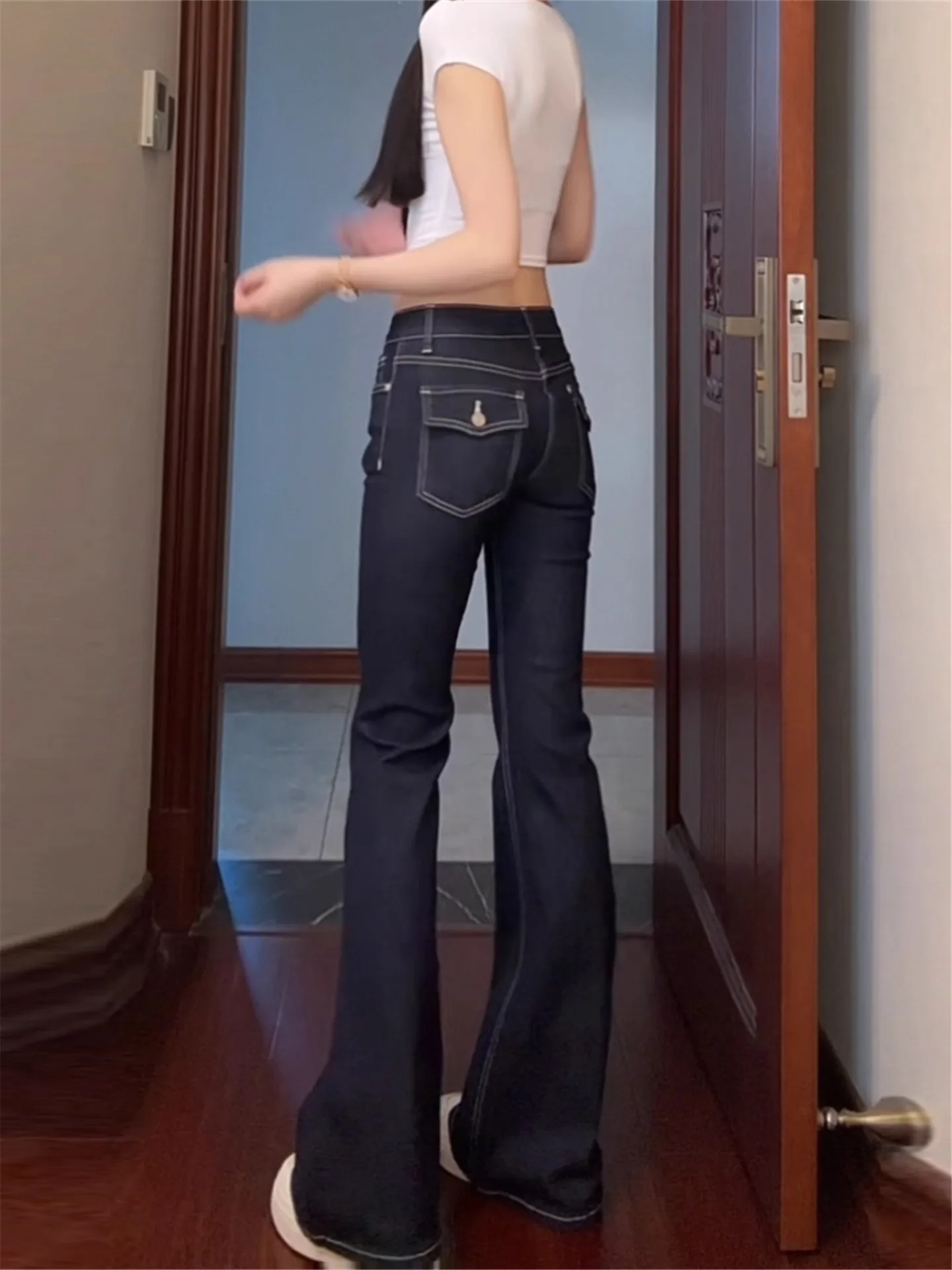 

American Style Retro Low Waist Bell Bottom Jeans Women's Spring Autumn Slimming Long Design Sensation Hot Girl Cotton Denim