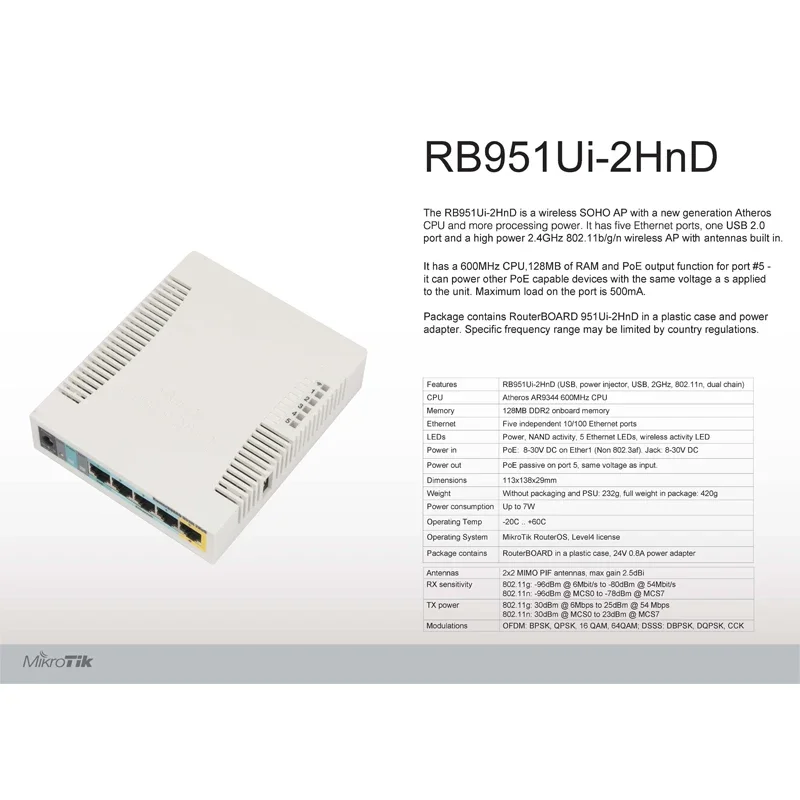 MikroTik RB951Ui-2HnD 5-Port Wireless Router 1000mW 300M WiFi RouterOS 2x2 MIMO 2.5dbi WI-FI 1xPOE In, 5xPOE Out