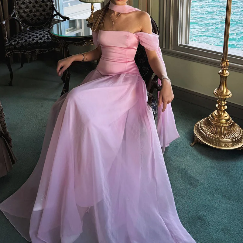 Dame Sexy Off Schulter Spleißen Taille Party Kleid Elegante Backless Kurzarm Abendkleid Mode Drapierte Feste Lange Kleider