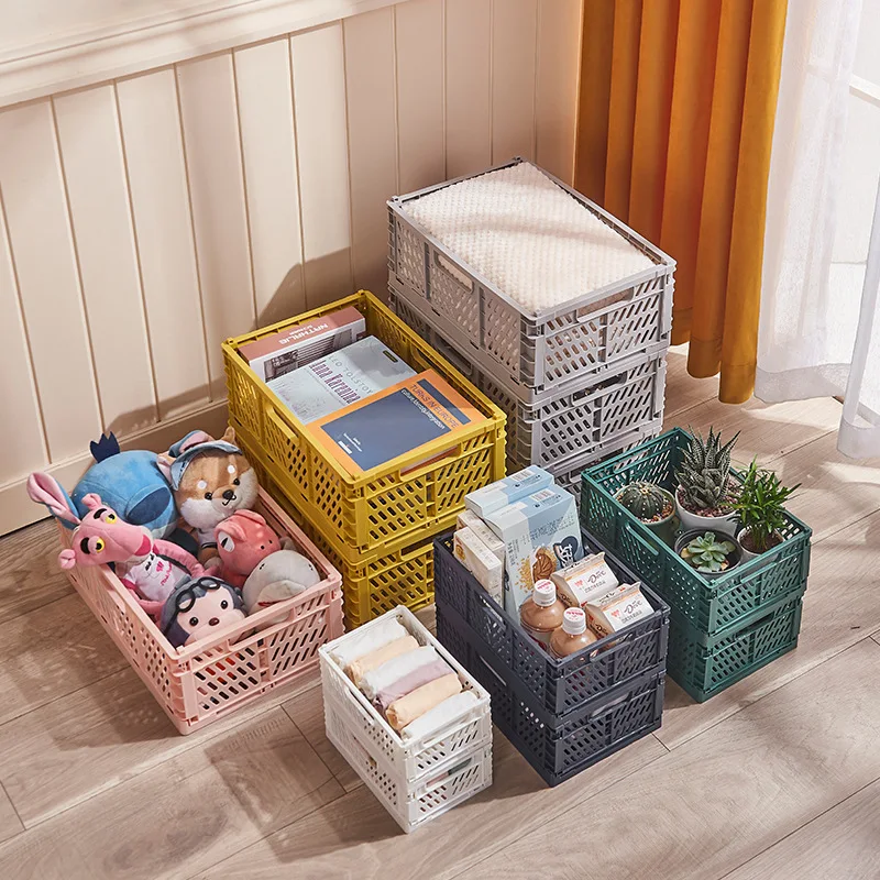 Plastic Foldable Storage Crate Folding Box Basket Stackable Cute Makeup Jewellery Toys Boxes Storage Kitchen Organizer Portable