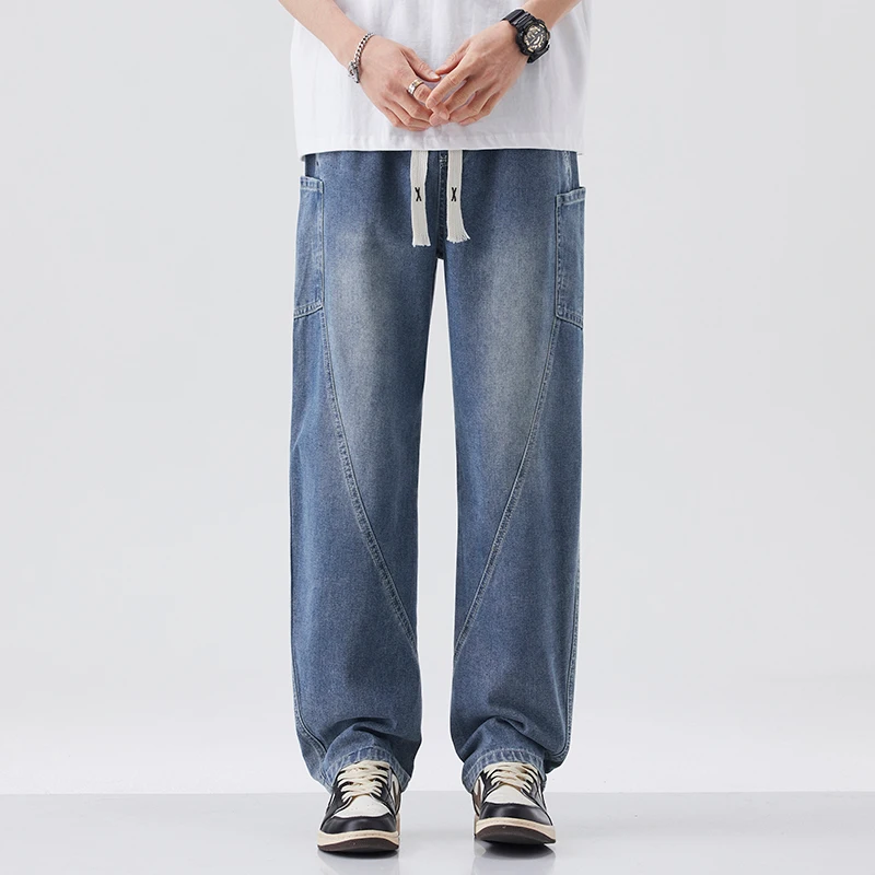 

Mens Drawstring Waist Loose Wide Leg Denim Jeans 2025 Autumn Winter Fashionable Patchwork Design Casual Pants Plus Size 4XL