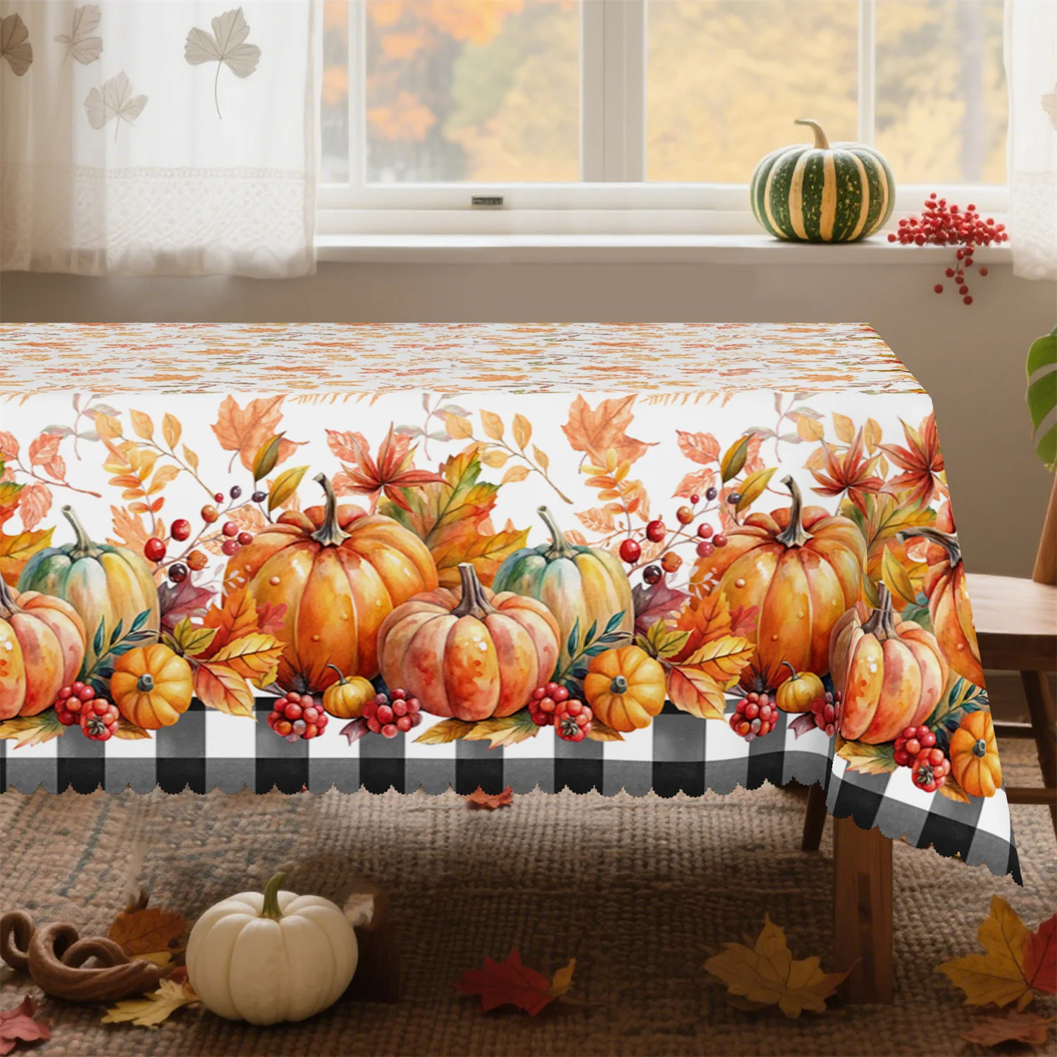 Buffalo check pumpkin smoothie tree branch tablecloth - Washable farmhouse-style autumn harvest decoration,kdj