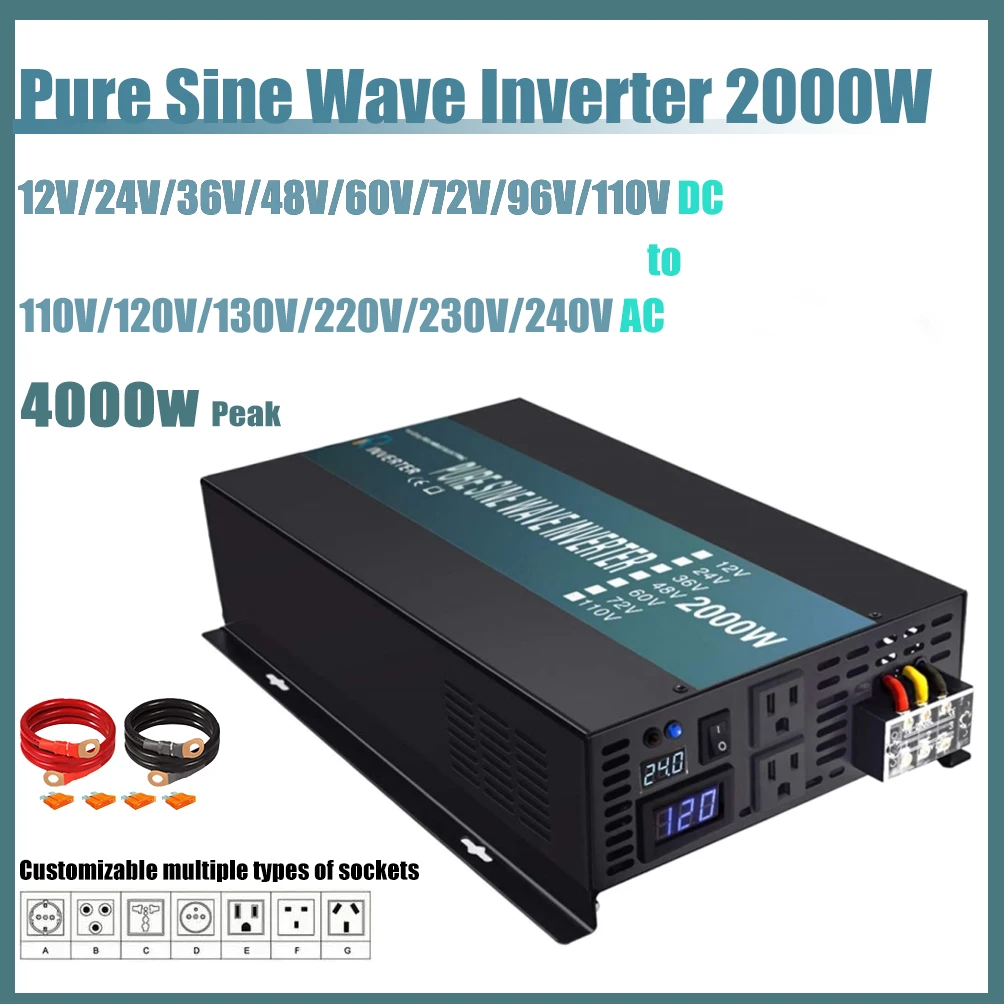 2000W Pure Sine Wave Inverter 24V to 220V Power Converter 12V 48V DC to 100V 120V 240V AC 50/60H Off Grid Home Appliance