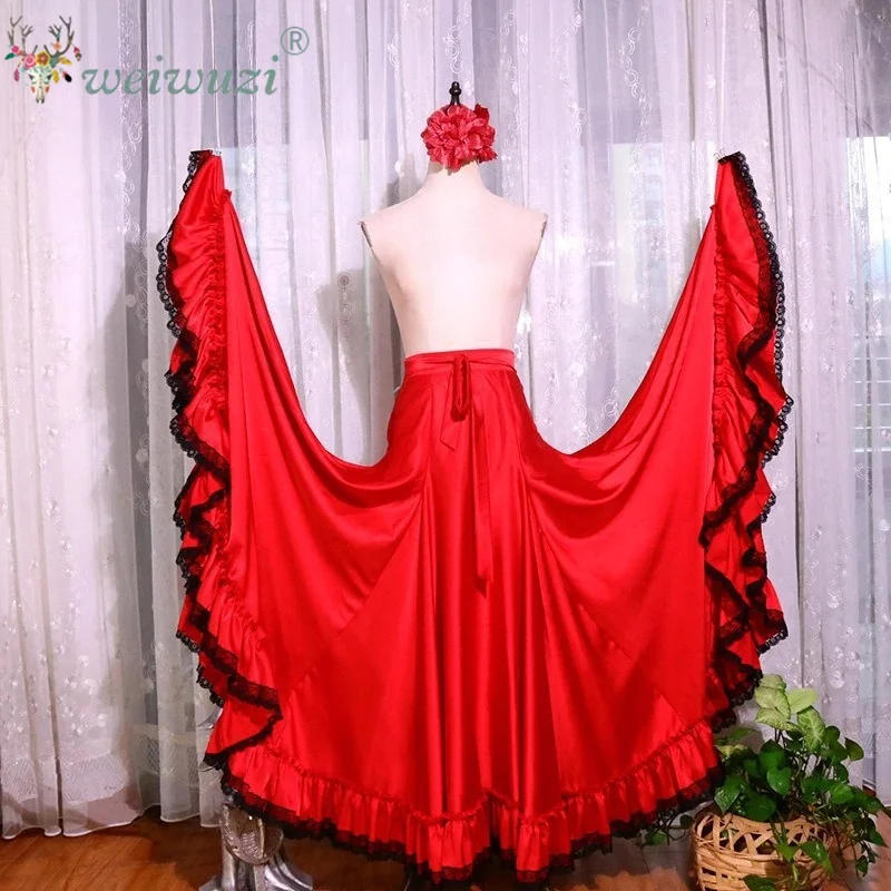 Spanish Dance Flamenco Style Performance Suit Simulation Silk Snow Thick 720 Degree Bullfight Swing Skirt  Belly Performance