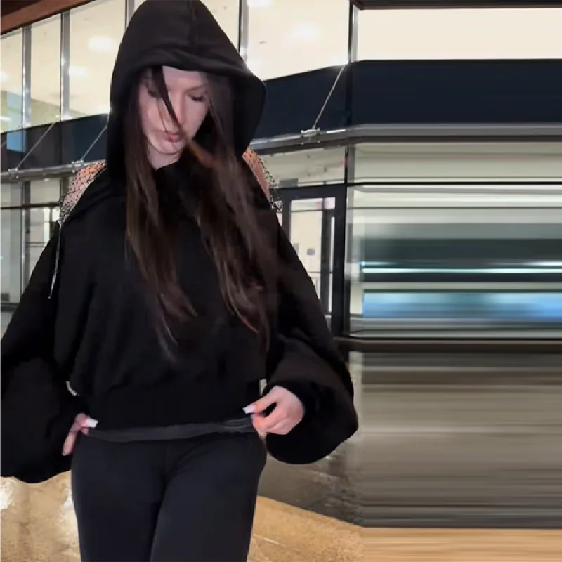 Sexy évidé filet de pêche dos nu à capuche mode nouveautés Cool noir décontracté Chic Cardigan sweat vêtements esthétiques