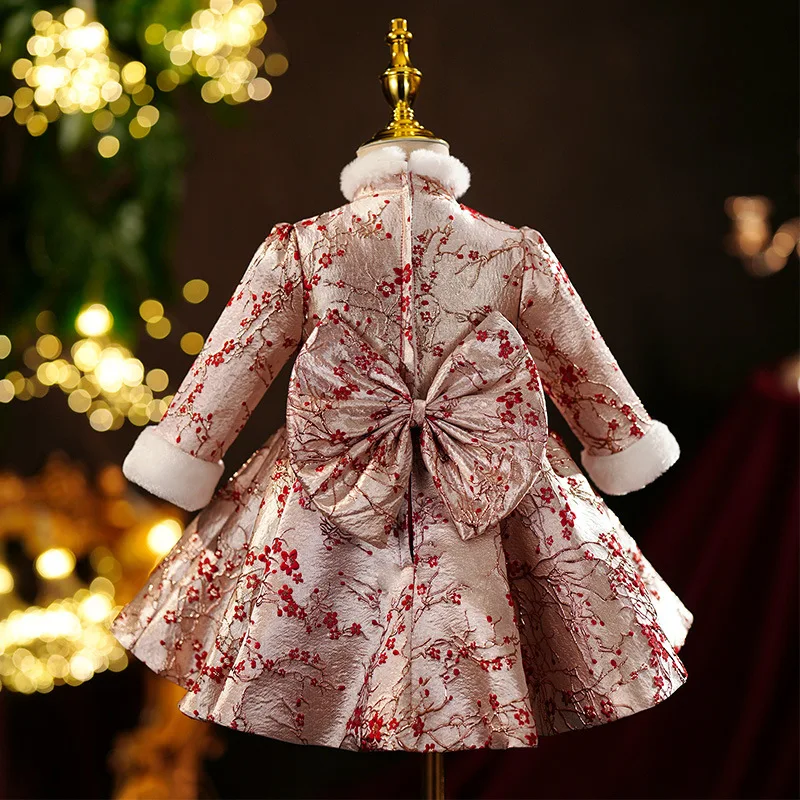 Girls New Winter Birthday Baptism Ball Gown Children Cute Bow Design Long Sleeve Wedding Party Boutique Dress y1101