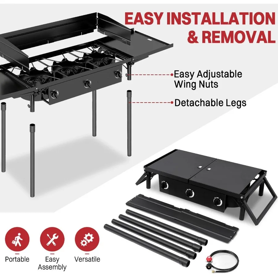 3 الموقد البروبان مخيم موقد 225000 وحدة حرارية بريطانية موقد غاز رفوف جانبية الزجاج الأمامي غطاء مقاوم للماء أرجل قابلة للفصل مثالية للتخييم B #5