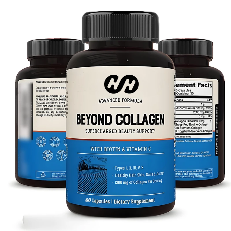 Collagen - Type I, II, III, V, and X Hydrolyzed Mixed Biotin and Vitamin C Suitable for Hair, Skin, and Nails, 60 Capsules