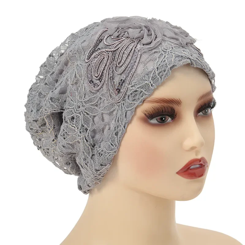 Muslim Women's Breathable Lace Turban Hat Beautiful Floral Headscarf Luxury Bonnet Hijabs Female Multi-function Headwrap Cap