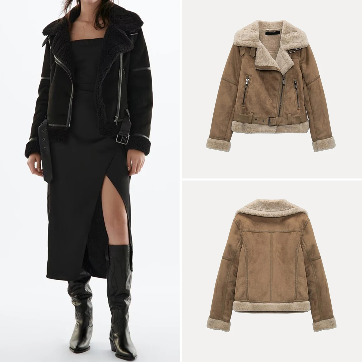 Z المرأة السائق Jaet 2025 جديد Sle طويل Sve معطف جلد الفراء الوقوف طوق سستة إغلاق Faionable السيدات ملابس خارجية