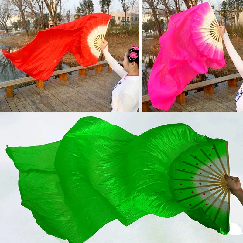 1.5M Length Silk Dance Fans Bamboo Folding Fans Veils Synthetic Fiber Creative Handmade Gradient Color Performance Props