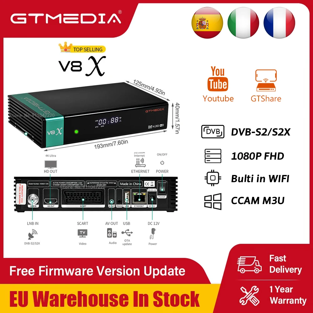 GTMEDIA V8X Satellite Receiver DVB-S/S2/S2X 1080P HEVC H.265 10bit TV Decoder MARS/ECAM/LACAM/CCAM/M3U PK Freesat V8 NOVA TV box