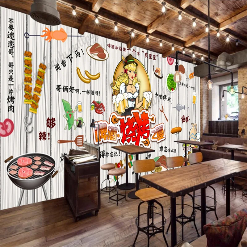 Custom Text Beer Barbecue Kebab Wallpaper Industrial Decor Mural Restaurant Snack Bar Wall Paper Papel Tapiz Papel De Parede